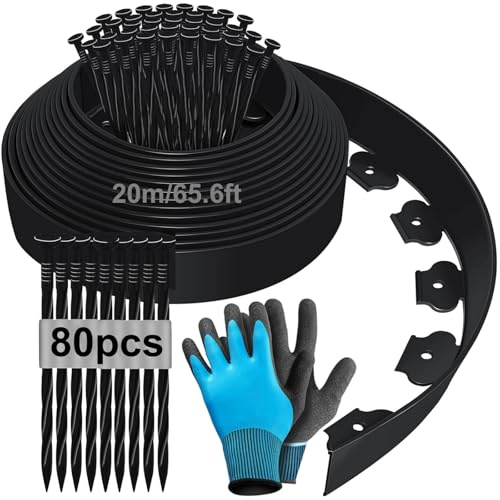 Bordure de Jardin Flexible 20m, Bordure Jardin Exterieur Hauteur 10cm, Bordure Jardin Plastique, Bordurette de Jardin, Garden Edging, Bordure de Tonte, avec Gants et 80 Ongles - Noir