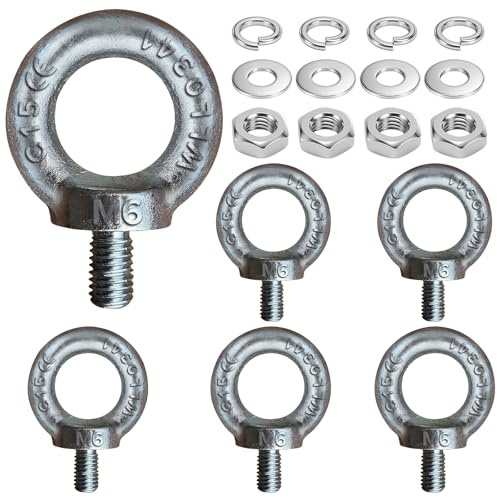 Seconero 6 Piezas Anillos de Elevación M6 Cancamo, Acero C15 Tornillo con Argolla, Pernos de Ojo Tornillos de Argollas de Rosca, Tuerca con Junta Elástica, Cáncamos para Colgar y Fijar 90KG