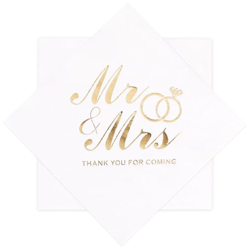 100pcs Hochzeitsservice, 3-Lagen Gold Folie Cocktail Servietten, gefaltete 5 x 5 Einweg-Servietten für Hochzeit Dinner Party Brautag-weiß Ring