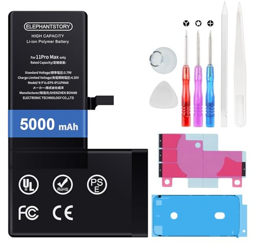 Elephantstory Akku für iPhone 11 Pro Max, 5000 mAh Hohe Kapazität Ersatzakku Lithium Polymer Akku mit Reparatur Werkzeugsatz und Anleitung Buch