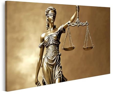 islandburner Bild auf Leinwand Justitia Statue mit Waage der Gerechtigkeit in Bronzeoptik Bilder Wandbilder Poster