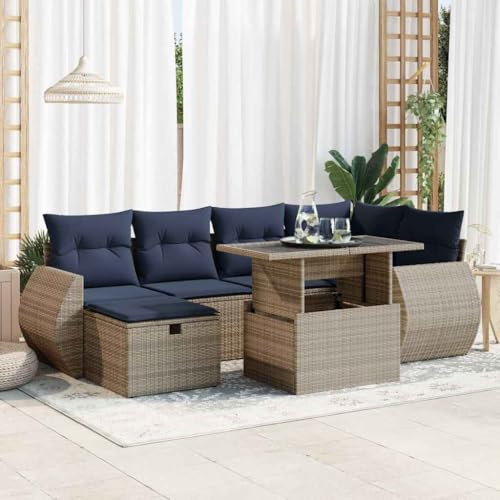 Qnhdfrt Garten Sofagarnitur Set Grau 7 teilig mit Kissen PE Rattan Stahl Gestell Stauraum und Klapptisch für Terrasse Garten Balkon