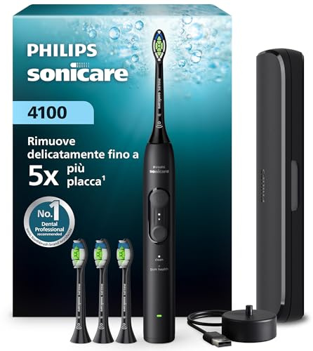 Philips Sonicare 4100 Series – elektrisk tandborste med Pressure Sensor, 4 borstinställningar, EasyStart-funktion, SmarTimer, 21 dagars batteritid, resefodral, svart, modell HX4046/52, [Ny]