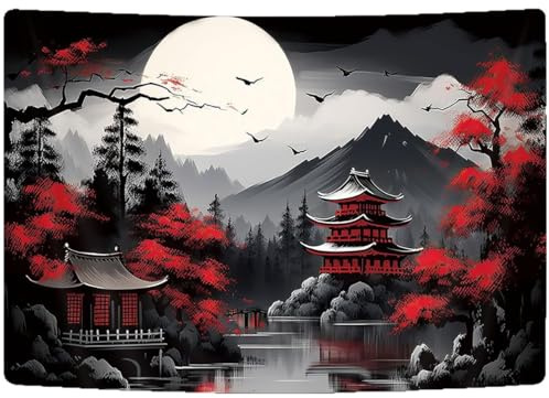 Riven Cherry Blossom Floral Mountain Sun Asiático Oriental Art Abstract Wall Hanging Tapiz para Hombres Rojo Negro Grande Tapiz