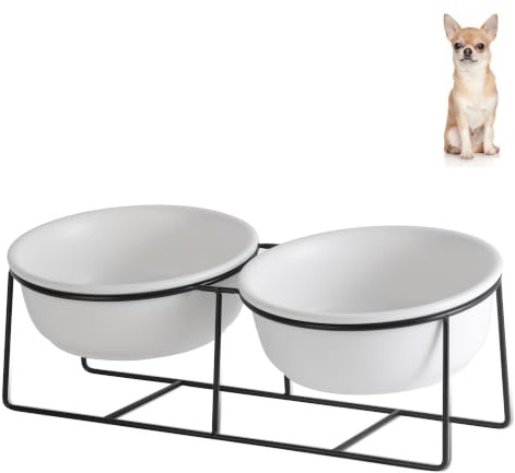 Comedero Elevado para Gato con Soporte, Set Doble de Cuencos Cerámicos 330 ml × 2 para Agua y Comida, Apto para Perro Pequeño