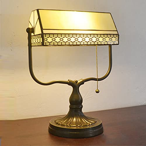 AIBOTY Tiffany Mission Style Bankers Table Lamp Stained Glass Piano Desk Light Antique Vintage Bedside Night Light Bedroom for Living Room Office Library Study,Round Alloy Base