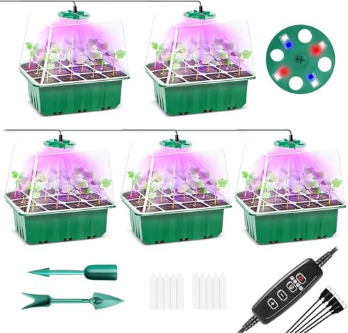 Neu Zeitgesteuert 5 Stück Mini Gewächshaus Anzuchtset, mit Timing-Controller einstellbare Helligkeit, ollem Spektrum, Zimmergewächshaus Anzucht Kasten mit Deckel und Belüftung,12 Etiketten,2 Werkzeuge