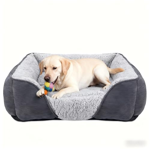 JOEJOY Large Dog Bed Pet Sofa Bed, Super Soft Comfy Wool Fleece Dog Bed with Striped Corduroy Design, Washable Dog Bed For Border Collie, 76x61x23cm