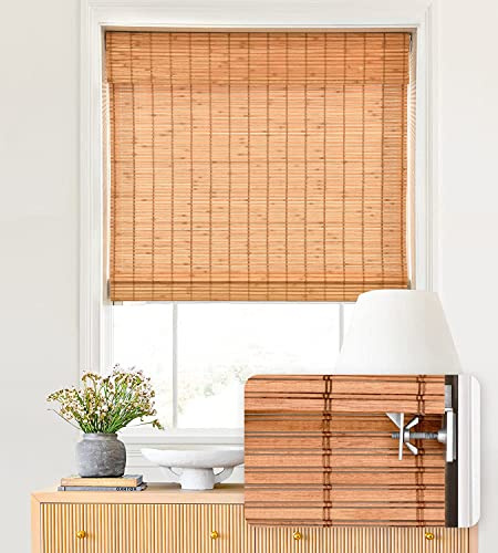 LazBlinds No Tools No Drill Cordless Bamboo Roman Shades, Light Filtering Window Treatment, Roll Up Bamboo Blinds for Windows 20'' W x 64'' H, Wood