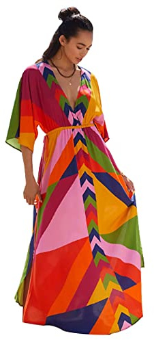 Damen Strandkleid Kaftan Lange Strandponcho Sommer Boho Maxikleid Pareo Tunika Bikini Cover Ups