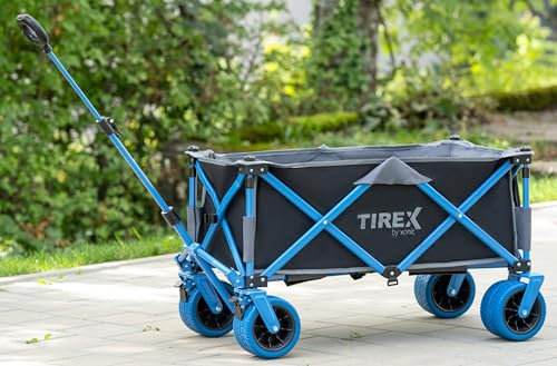 TIREX by xonic® Bollerwagen Vollgummi-PU-Universal-Räder - Robuster Transport-Wagen, faltbar mit Fußbremsen - Hand-Karre mit 2-Fach verstellbarem Griff - Unfold & Go (PU XL Räder, Blue'n Grey)