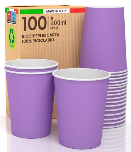 100 Bicchieri in Carta 200ml Ecologici Biodegradabili Monouso Made in Italy Asporto Bevande Calde Acqua Colorati LILLA - Prodotto e Confezionato in Italia
