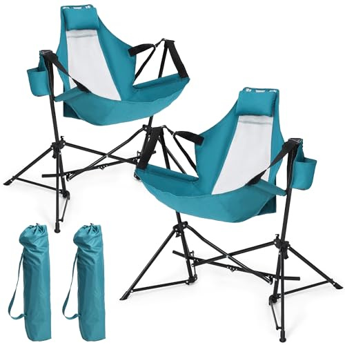 HOMEFUN Hammock Camping Chairs Set of 2- Portable Swinging Chair for Adults with Stand and Storage Bag, Oversized Folding Rocking for Lawn Camp Fishing Hiking, Blue
