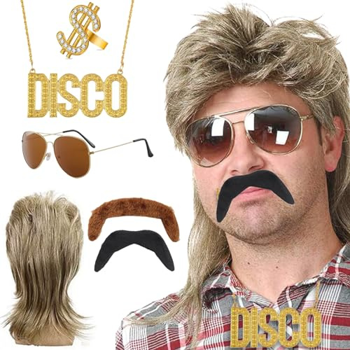 BDSHUNBF Mulet Perruque Blonde, 70s 80s Longue Perruque Mulet Homme Hippie avec Lunettes de Soleil, Collier Disco en Or, Bague en Or Dollar, Fausse Barbe pour Carnaval Cosplay Halloween Costume Party