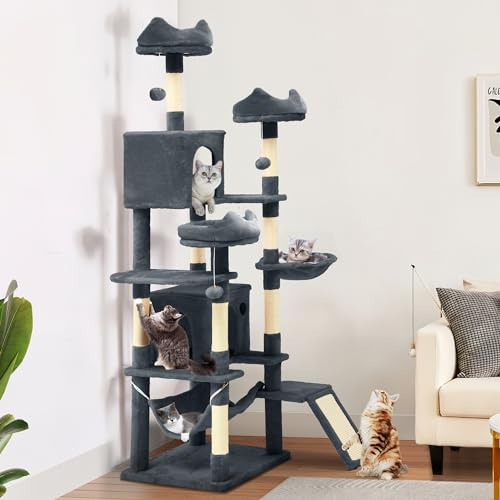 YITAHOME 190 cm Tiragraffi Alto per Gatti, Torre per Gatti Multi-Livello con Tiragraffi e Rampa in Sisal, Trespoli in Peluche, Amaca, Spaziosi Condomini, Centro Attività per Gattini, Grigio Scuro
