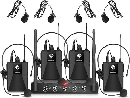 Rigwig Audio Pro UHF 4-Kanal Wireless Mikrofonsystem mit schnurlosen Lavalier-Headset-Mikrofonen, Metallempfänger, ideal für Karaoke-Kirchenparty, Hochzeit, Versammlungen, mit 4 Bodypack