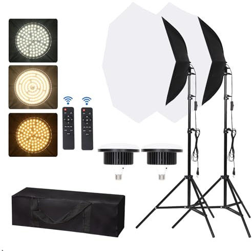 FEIFANTEAM Softbox LED Ottagonale 2 Pezzi, Kit di Luci 85W, Luce e Colore Dimmerabile con Telecomando, Ritratti e Fotografia di Prodotti, Live Streaming