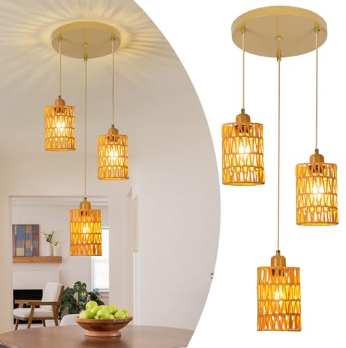 CRFASIBE Lámparas Colgantes de Ratán, Luz Colgante de 3 Luces, Altura Ajustable, Boho Mimbre Lámpara de Techo Interior para Salón Dormitorio Comedor (Dorado)