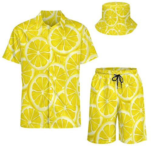 AsqLdQM Lemons Ensemble 2 pièces chemises et shorts pour homme avec chapeau cloche, Citrons tranchés, M