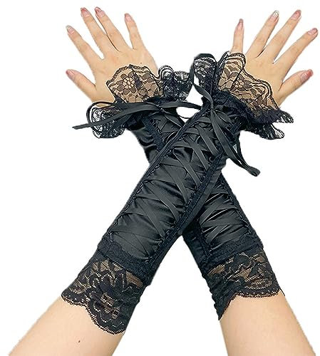 Blausky 1Paar Fingerlose Handschuhe,Spitzenärmel,Handschuhe mit Spitzenbordüre,Vintage Schnüren Gloves,Brauthandschuhe,Damen Elegante Kostüm Zubehör,für Hochzeit Abendessen,33 cm,Schwarz