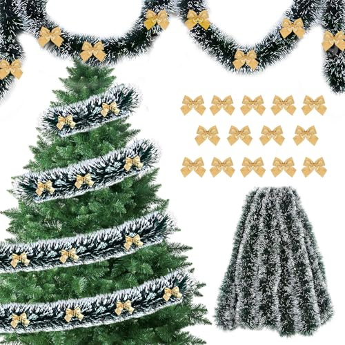 FePen Weihnachts-Lametta-Girlande, 10 m Glänzende Weihnachtsbaum Girlande Flauschigen Weihnachtsdeko, Dekoration mit Schnee und 30 Schleifen, Ornament für Weihnachtsdekoration, Partyzubehör (Gold)