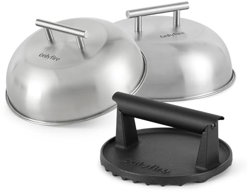 Onlyfire 3-Delars Smash Burger-Set – Innehåller Burgarpress i Gjutjärn och 2 Stekklockor i Rostfritt Stål – Grillset för Teppanyaki, Hamburgare, Bacon och Smältost
