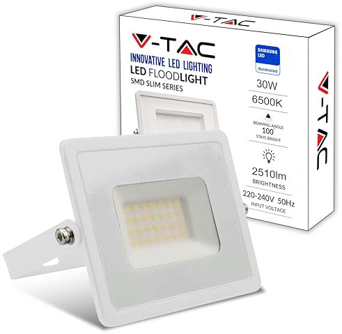 V-TAC Faro LED da Esterno Bianco 30W - [Chip Samsung - Alte Perfomance, Bassi Consumi] - 2510 Lumen - IP65 - Proiettore Faretto LED Nero per Casa, Giardino, Garage - Impermeabile - Luce Fredda