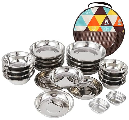 DriKou 22-teiliges Service-Teller-Set, tragbares Outdoor-Camping-Kochgeschirr, Kochgeschirr aus poliertem Edelstahl, Geschirr, Camping-Utensilien für Rucksackreisen, Wandern