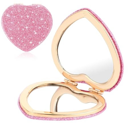 Mini Specchio da Tasca Forma del Cuore Rosa Compatto e Portatile con Ingrandimento 1X/2X per Donne e Viaggio