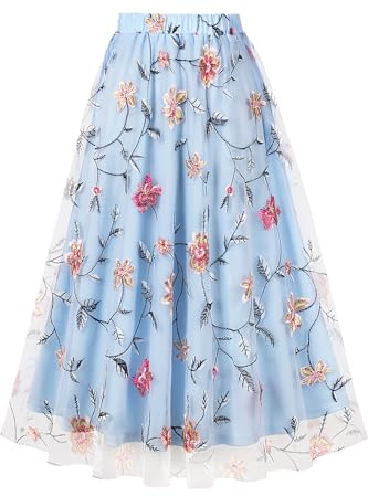 AXOE Damen Tüllrock Midi mit Blumenstickerei 3-Lagiger A-Linien Sommerrock Elegant Gummizug Romantischer Boho Mesh Rock für Hochzeit, Party & Festliche Hellblau, Gr.34-38, S