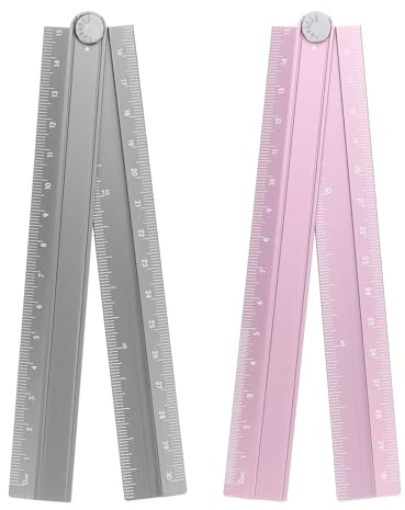QUARKZMAN 2 Stück Faltlineal 30cm Metrisch Faltbares Lineal aus Aluminium Winkelmesser Geometrisches Messwerkzeug mit Winkellinie für Architekten Künstler Büro, Grau/Rosa