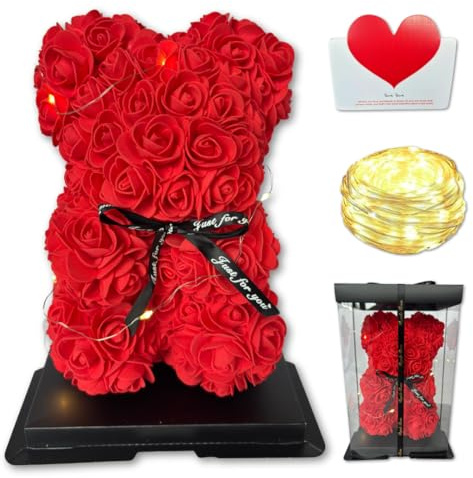 Regalo Rosa Luxus Rosenbär 25 cm mit LED-Beleuchtung und Geschenkbox - Handgefertigt mit ewigen Rosen - Romantisches Geschenk für Sie, Muttertag, Geburtstag & Valentinstag