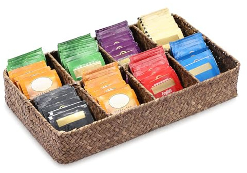 OLegei Seagrass Tea Bag Divided Organiser for Countertop, Drawer(Coffee) | 8 Compartments Woven Tea Bag Tray, Coffee Bar Storage Baskets for Tea Bag, Coffee Capsule,Sugar Packets,Sweeteners