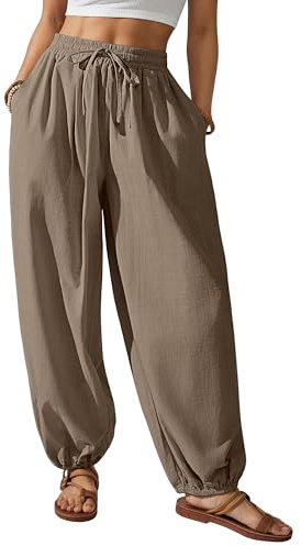 Bsubseach Cotton Harem Pants Women Balloon Trouser Wide Leg Baggy Pants | Drawstring Elastic Waist Bubble Pants, Comfy Pajama, Yoya Joggers, Summer Beach Pants With Pockets, Lounge Casual Trousers