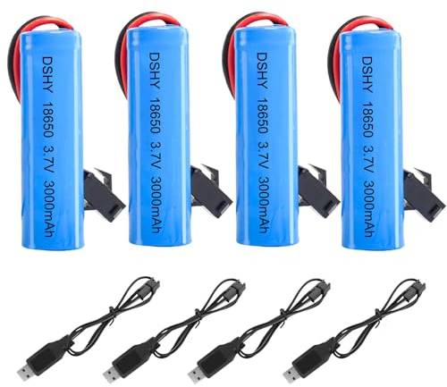 KUWUNG 4 Pcs Batería Li-Ion 3.7V 3000 mAh, Pilas 18650 Recargables con Carga USB y Conector SM-2P, Universal Bateria Li-ion Recargable para Vehículos RC, Barcos, Tanques, Coches, Robots y Coches Acrob