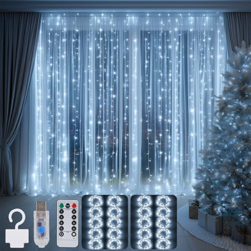 Jixviqi 【2 Stück】 lichtervorhang Innen 3x3m, 300 LED Lichterketten Vorhang mit Fernbedienung, 10 Haken, LED Vorhang USB für Weihnachts Deko Fenster Wand Zimmer Party Gardine Balkon