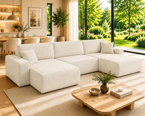 Best For Home – Ecksofa Karl mit Schlaffunktion | L-Form Sofa mit Bettkasten | 3-Sitzer Schlafsofa & Gästebett | Bequemes Wohnzimmermöbel | Modernes, Large-förmiges Couch-Design in Creme