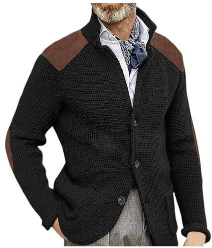 Generisch Giacca in maglia da uomo con blocchi di colore, scollo a camicia, giacca tradizionale con bottoni, vestibilità regolare, giacca in maglia tradizionale con maniche lunghe, giacca all'aperto