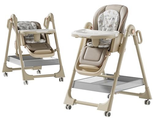 Magic ZC Cuero PU Trona para Bebé Silla de Comedor para Alimentación de Niños Pequeños con Alturas Ajustables y Posiciones Convertible Plegable Multifuncional (X8122 Khaki)