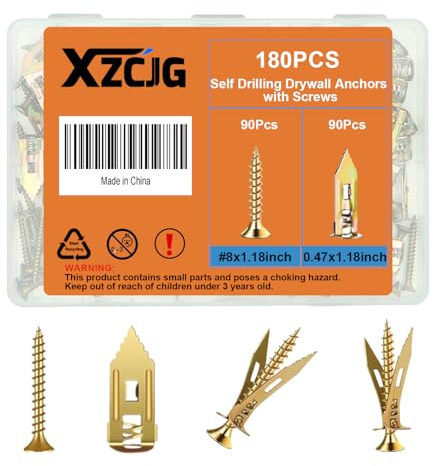 Heavy Duty 180 Pcs Self Drilling Drywall Anchors with Screws Kit,0.47x1.18 Inch,Zinc Plated Steel,No Drill Needed,Holds 55LB for Shelf, Decor, Picture Frame Wall Mounting