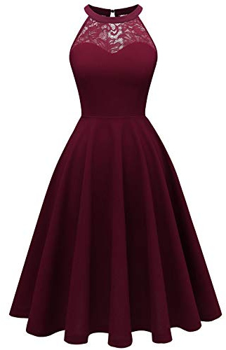 Bbonlinedress Abendkleider elegant für Hochzeit Sommerkleid Damen Festliche Kleider Neckholder Cocktailkleid Brautjungfer Spitzenkleid Burgundy XL