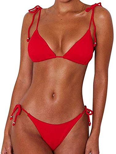 CheChury Costume da Bagno Bikini Set Retro Tinta Unita Push-up Imbottito Costumi da Bagno Due Pezzi Brasiliana Bikini Set,Rosso,M