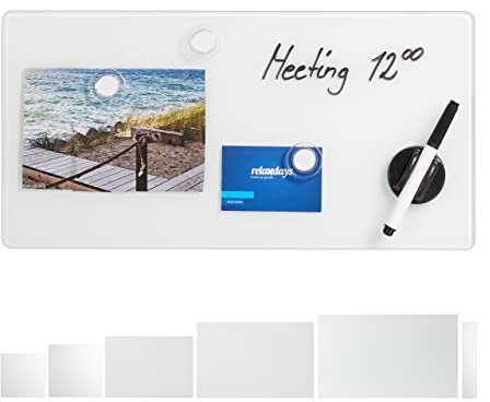 Relaxdays Magnettafel Glas, 20x40 cm, 3 Magneten, Marker, Stiftehalter, Büro & Küche, Sicherheitsglas Magnetboard, weiß