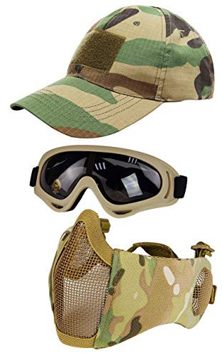Hodeacc 3 Pcs Tactical Airsoft Mask Goggles Baseball Cap Set,Adjustable Half Face Mesh Mask with Ear Protection,Airsoft Glasses Eye Protection Outdoor Hat for Outdoor BB/CS Game