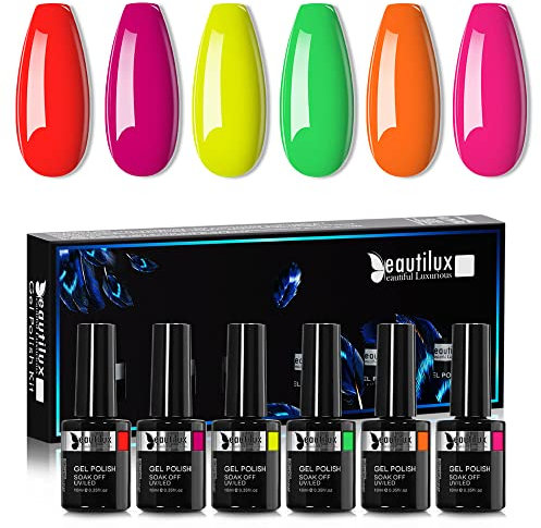 Beautilux HEMA-FREE Vernis Semi Permanent Fluo, 6 Couleurs 10ml Sans-TPO Vernis Semi-permanent, Vernis à Ongles Gel UV Gel Soak Off pour Manucure Nail Art Kit, Halloween (YT-7)