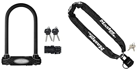 MASTER LOCK Antivol Vélo U [A Clé] [Support de Vélo Universel] [Antivol Certifié] & Chaîne Antivol Vélo avec Cadenas à Clé [Clé] - Idéal pour les Vélos, Vélos Electriques, VTT et autres, Noir, 90 cm