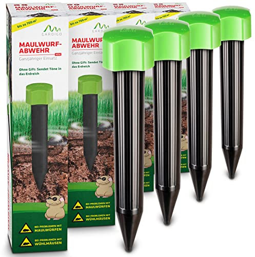 Gardigo Maulwurf Vertreiber - 4er Set | Mini Maulwurfschreck Batteriebetrieben | 400 Hz | Maulwurfabwehr für den Garten | Einfacher Batteriewechsel durch Batteriewechselzylinder | Wühlmausschreck