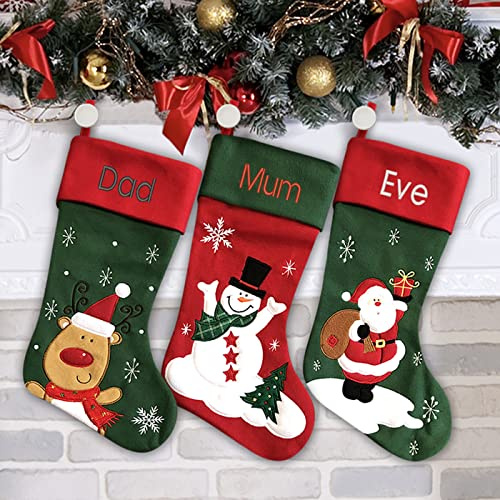 Personalized Christmas Stocking - Reindeer Design - Embroidered Name - Large 18.5inch, Traditional Red and Green, Family Holiday Season Décor