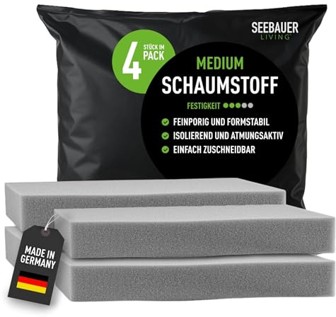 SEEBAUER living Schaumstoff-Set MEDIUM RG 35/40 (Mittelfest) 40 x 40 x 3 cm (4er Vorteilspack) Schaumstoffplatte für Polster und Sitzkissen, Polsterschaumstoff als Zuschnitt für Sitzpolster