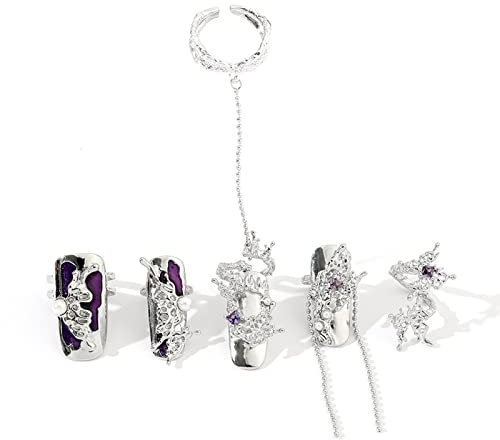 NICENEEDED 5 Stück Fingernagelringe, Punk-Silber-Fingerspitzen-Ring-Set, Verstellbare Öffnung, Modische Rhinestone-Knuckle-Nagelringe, Dekorationsspitze Für Den Nagelstudio Zu Hause Für Frauen